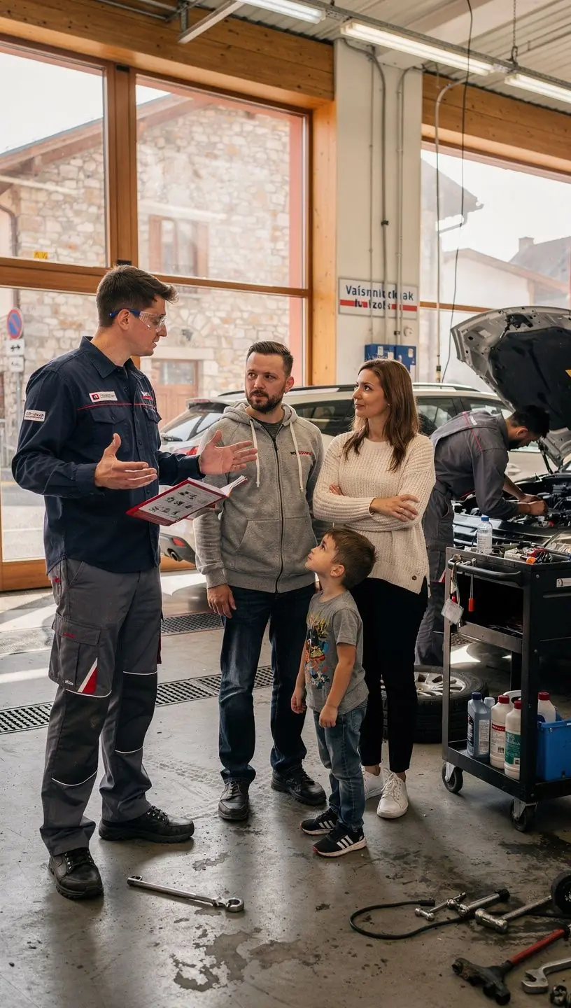 Autoservisné centrum so zamestnancom vykonávajúcim preventívnu technickú kontrolu podvozku auta.